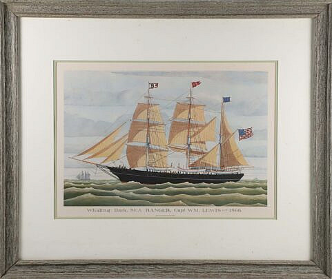 R.R. Newell Lithograph "Whaling Bark, Sea Ranger, Capt. WM Lewis 1866"