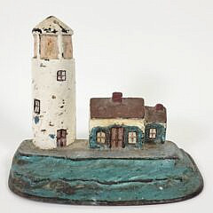 Antique Paint Decorated Lighthouse and Cottage Cast Iron Doorstop