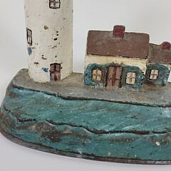 Antique Paint Decorated Lighthouse and Cottage Cast Iron Doorstop