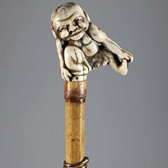 Asian Figural Carved Grip Walking Stick, 19th Century
