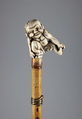 Asian Figural Carved Grip Walking Stick, 19th Century