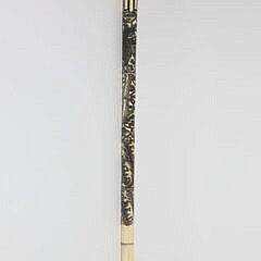Elaborately Scrimshawed Asian Carved Bone Walking Stick, 19th Century