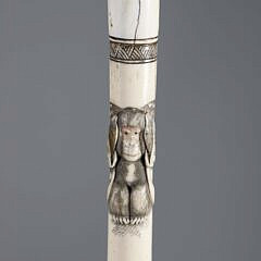 Asian Carved Three Monkeys See, Speak, Hear No Evil Cane, 19th Century