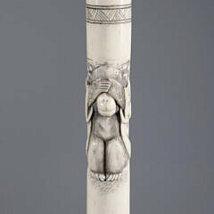Asian Carved Three Monkeys See, Speak, Hear No Evil Cane, 19th Century