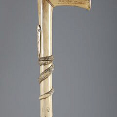 Whale Bone Carved L-Grip Cane With Snake, 19th Century