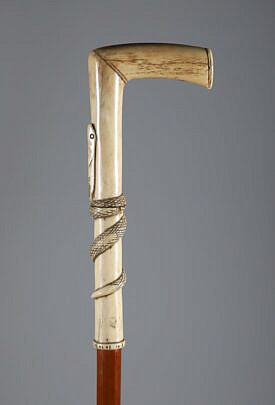 Whale Bone Carved L-Grip Cane With Snake, 19th Century