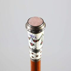 European Enamel, Rose Quartz, and Sterling Silver Walking Stick, 19th Century