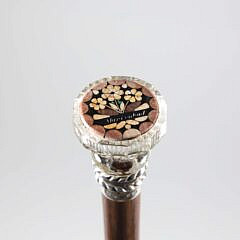 Pietra Dura Floral Inlaid Crystal and Sterling Silver Walking Stick, 19th Century