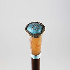 European Art Deco Enamel and Agate Walking Stick