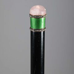 Rose Quartz, Enamel, and Stone Walking Stick, 19th Century, on wood shaft