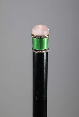 Rose Quartz, Enamel, and Stone Walking Stick, 19th Century, on wood shaft