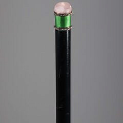 Faceted Rose Quartz, Green Enamel, and Crystal Tuxedo Walking Stick, 19th Century