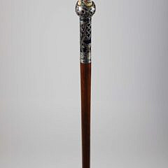 European Silver Orb with Painted Porcelain Courting Couple Walking Stick, 19th Century