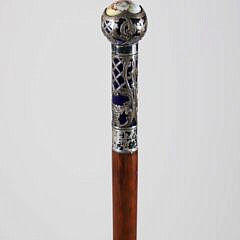 European Silver Orb with Painted Porcelain Courting Couple Walking Stick, 19th Century