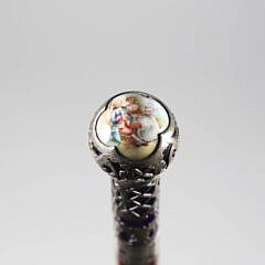 European Silver Orb with Painted Porcelain Courting Couple Walking Stick, 19th Century