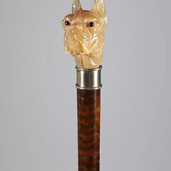 Carved Stone Dog Head With Glass Eyes Walking Stick, 19th Century