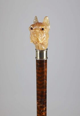 Carved Stone Dog Head With Glass Eyes Walking Stick, 19th Century