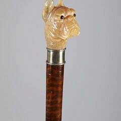 Carved Amber Stone French Bull Dog Head With Glass Eyes Walking Stick, 19th Century