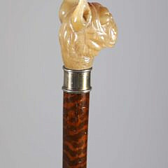 Carved Amber Stone French Bull Dog Head With Glass Eyes Walking Stick, 19th Century