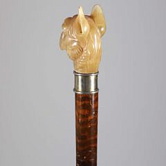 Carved Amber Stone French Bull Dog Head With Glass Eyes Walking Stick, 19th Century