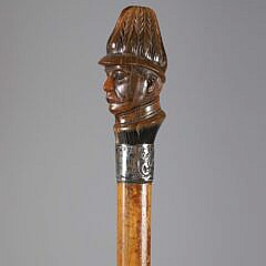 Carved Horn Officer Bust With Silver Walking Stick, 19th Century