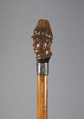 Carved Horn Officer Bust With Silver Walking Stick, 19th Century