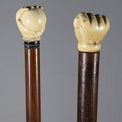Two Whaler Made Clenched Fist Walking Sticks, 19th Century