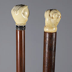 Two Whaler Made Clenched Fist Walking Sticks, 19th Century