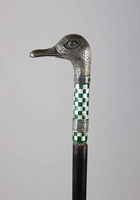 Enamel and Sterling Silver Duck Head With Glass Eyes Walking Sticks, 19th Century