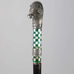 Continental Enamel and Sterling Silver Duck Head With Glass Eyes Walking Stick, 19th Century