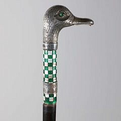 Continental Enamel and Sterling Silver Duck Head With Glass Eyes Walking Stick, 19th Century
