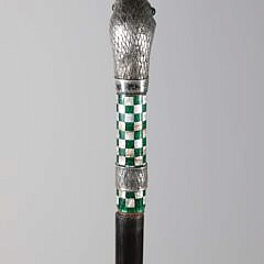 Continental Enamel and Sterling Silver Duck Head With Glass Eyes Walking Stick, 19th Century