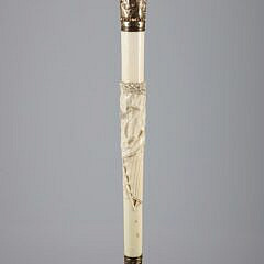 Carved Sailor in a Catboat and Fishing Walking Stick, 19th Century