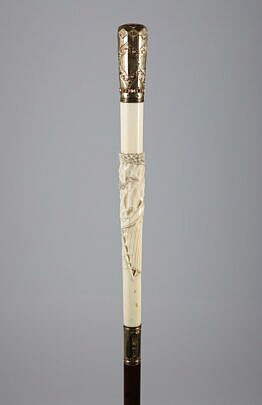 Carved Sailor in a Catboat and Fishing Walking Stick, 19th Century
