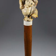 Polychromed Scrimshaw Japanese Deity Grip Walking Stick, 19th Century