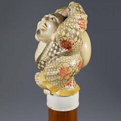 Polychromed Scrimshaw Japanese Deity Grip Walking Stick, 19th Century