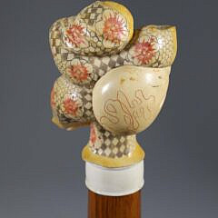 Polychromed Scrimshaw Japanese Deity Grip Walking Stick, 19th Century