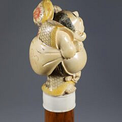 Polychromed Scrimshaw Japanese Deity Grip Walking Stick, 19th Century