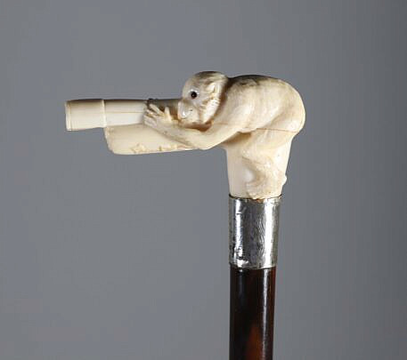 Carved Monkey With Telescope Grip Cane, 19th Century