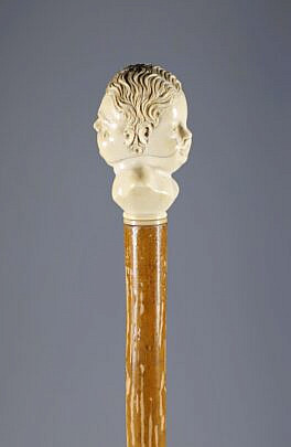 Twin Carved Bust Grip Walking Stick, 19th Century