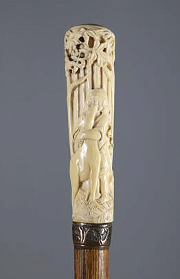 Carved Child With Fawn in Forest Grip Cane, 19th Century