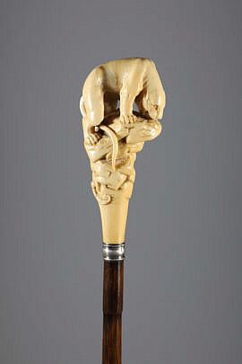 Carved Tiger on Rock formation Grip Walking Stick, 19th Century