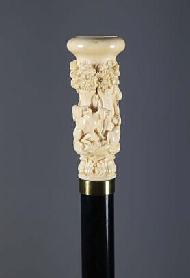 Carved Hunter With Dogs Walking Stick, 19th Century