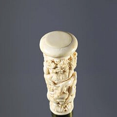 Finely Carved Hunter With Dogs Walking Stick, 19th Century