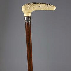 Carved Chinese Dragon Grip Cane With Silver, 19th Century