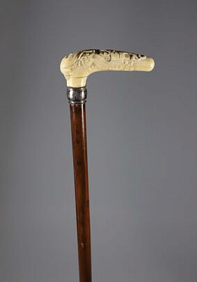 Carved Chinese Dragon Grip Cane With Silver, 19th Century