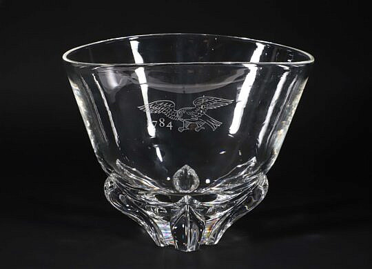 Signed Steuben Clear Glass Centerpiece Bowl with Etched American Eagle and 1784