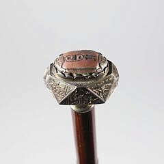 Egyptian Carved Stone Scarab and Engraved Silver Walking Stick