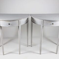 Pair of Antique Gustavian Grey Lime Washed Demilune One Drawer Console Tables