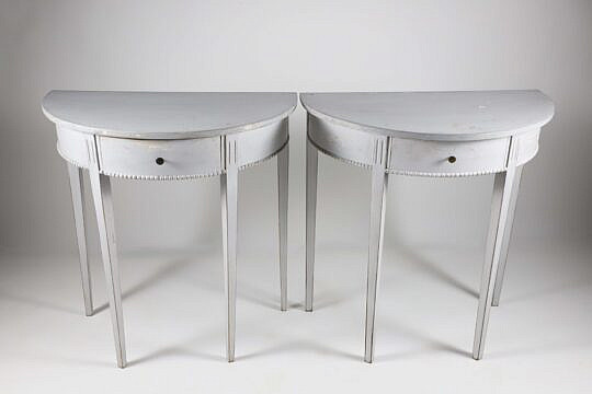 Pair of Antique Gustavian Grey Lime Washed Demilune One Drawer Console Tables